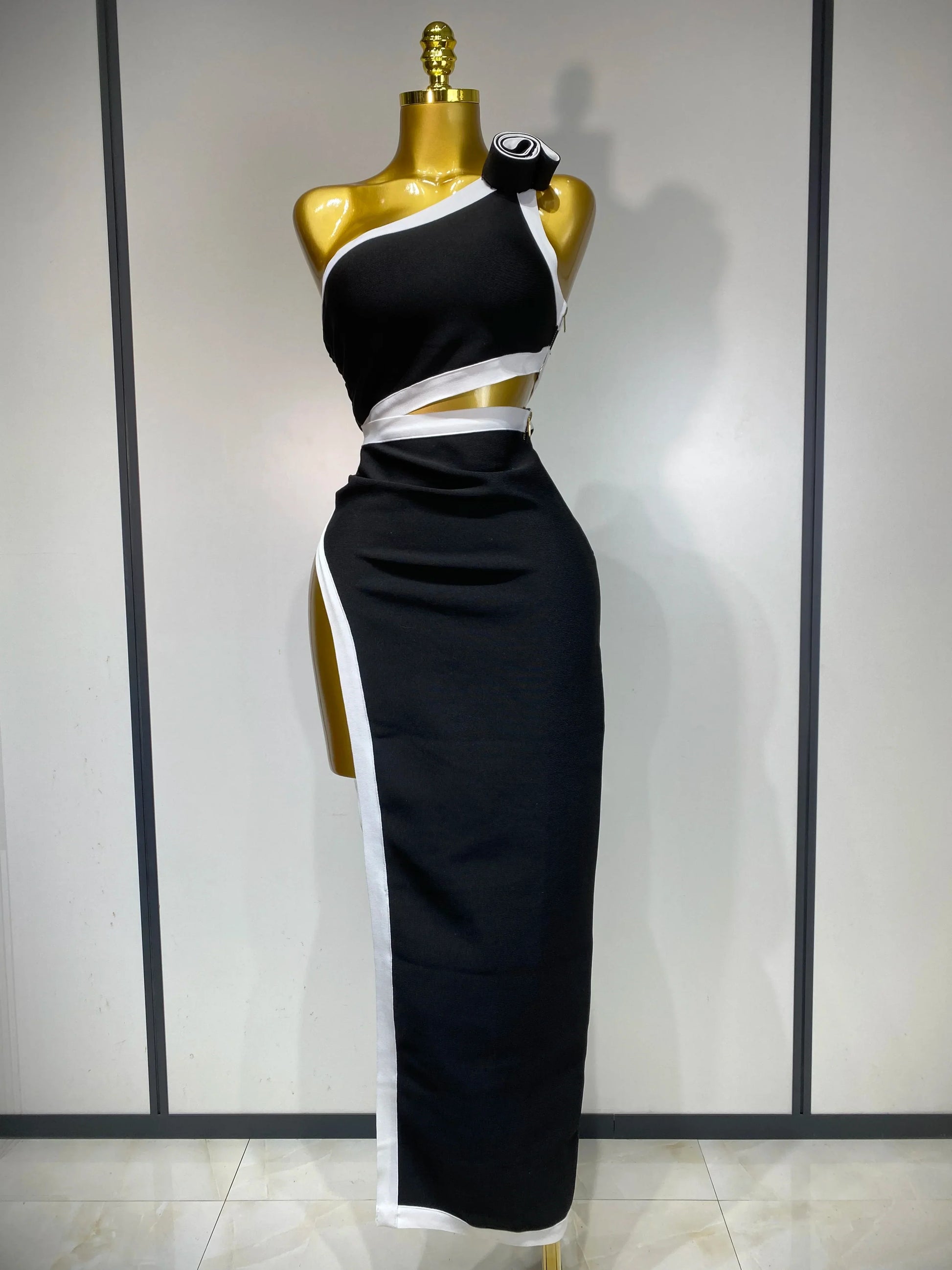 Women Celebrity Sexy One Shoulder Cut Out Split Maxi Long Bodycon Bandage Dress Elegant Evening Club Birthday Party Dress black