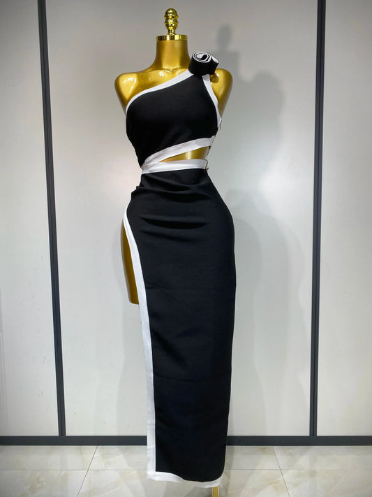 Women Celebrity Sexy One Shoulder Cut Out Split Maxi Long Bodycon Bandage Dress Elegant Evening Club Birthday Party Dress black