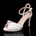Luxury All Pearls Rhinestones Peep toe Women Sandals Fashion Ankle Strap Platform Thin High heels Elegant Bridal Wedding Shoes