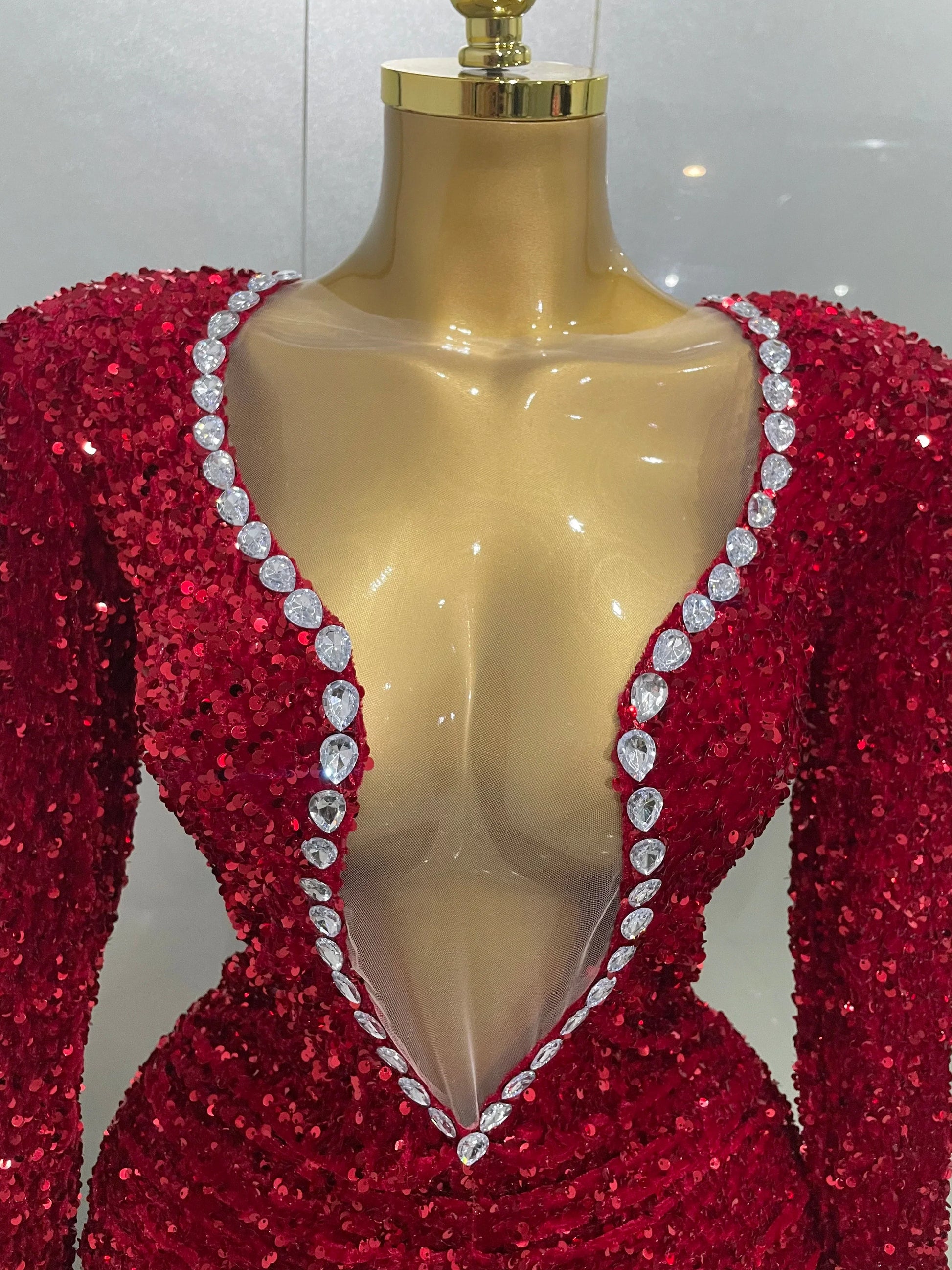 Sexy Shiny Red Sequins Rhinestones Sheath Mini Dress Women Evening Birthday Party Nightclub Stage Performance Costume