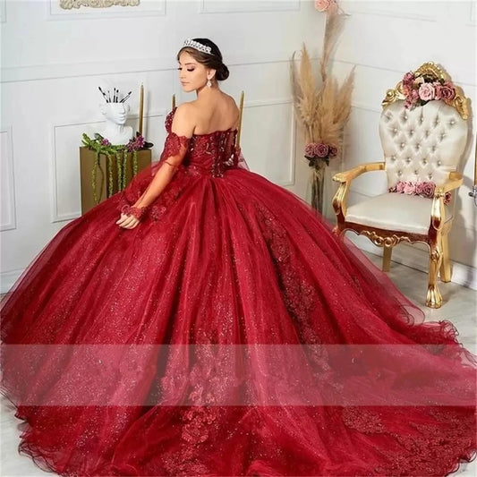 Glittering Burgundy Quinceanera Dresses Party Gowns Vestidos De 15 Anos Sexy Puffly Sleeves Applique Birthday