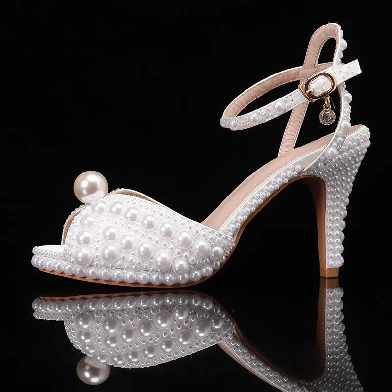 Luxury All Pearls Rhinestones Peep toe Women Sandals Fashion Ankle Strap Platform Thin High heels Elegant Bridal Wedding Shoes White