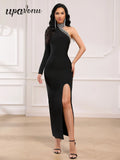 Spring Women's Light Luxury Nail Diamond Bandage Dresses Stand Collar Single Shoulder Bodycon Split Length Dress Vestidos