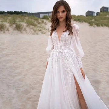 Bella White Tulle A-line Prom Dress with Lace Embroidery, Long Sleeves, Floor-Length Wedding Gown As Picture