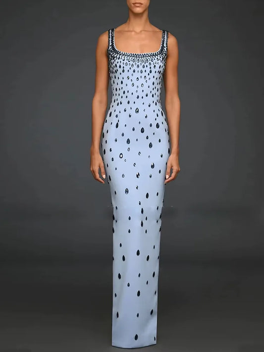 Arrival Women Sleeveless Sexy O-Neck Shinning Crystal Bodycon Long Dress Elegant Evening Party Graduation Season Outfit SKY BLUE