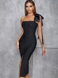 2024 Sexy Women's Bandage Dress One Shoulder Bow Strap Sleeveless Bodycon Bareback Split Dress Cocktail Evening Party Vestidos
