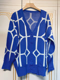 Women's Casual Oversized Cardigan Knitted Fall V-neck Lantern Long Sleeve Single-breasted Printed Knit ROYAL BLUE