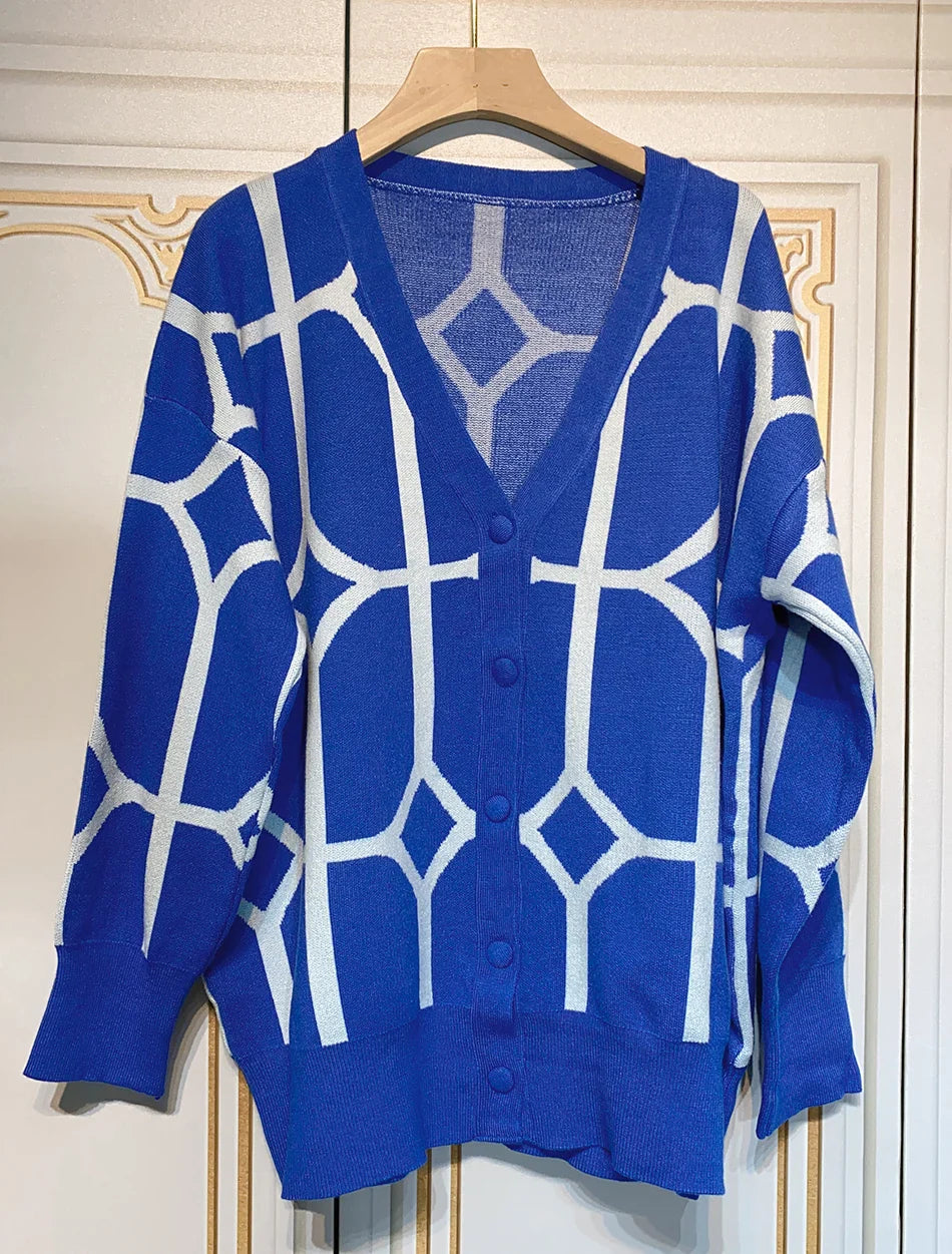 Women's Casual Oversized Cardigan Knitted Fall V-neck Lantern Long Sleeve Single-breasted Printed Knit ROYAL BLUE