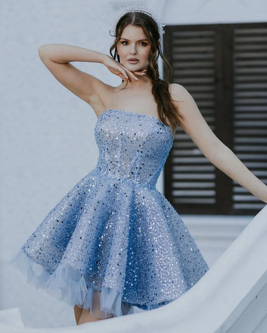 Elegant Glitter Tulle Prom Party Dress Exquisite Pleats A Line Evening Gown Tea Length Short Cocktail Dress