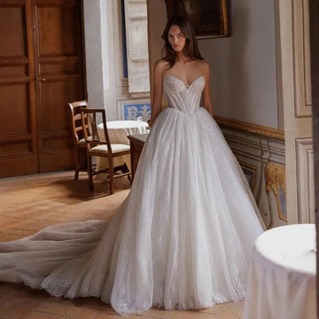 White A-Line Wedding Dress with Sweetheart Neckline, Princess Design, Sweep Train, Boho Beach Style, Custom Size Ivory