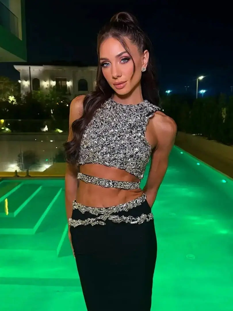 Stylish Expose Wasit Woman Set Sparkling Diamonds Short Tank Top And Bandage Skirt 2 Pieces Birthday Party Vestido black