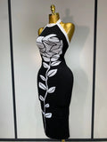 Women Fashion Celebrity Sexy Backless Rose Flower Midi Black Jacquard Bandage Dress Elegant Evening Club Party Dresses