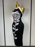 Women Fashion Celebrity Sexy Backless Rose Flower Midi Black Jacquard Bandage Dress Elegant Evening Club Party Dresses