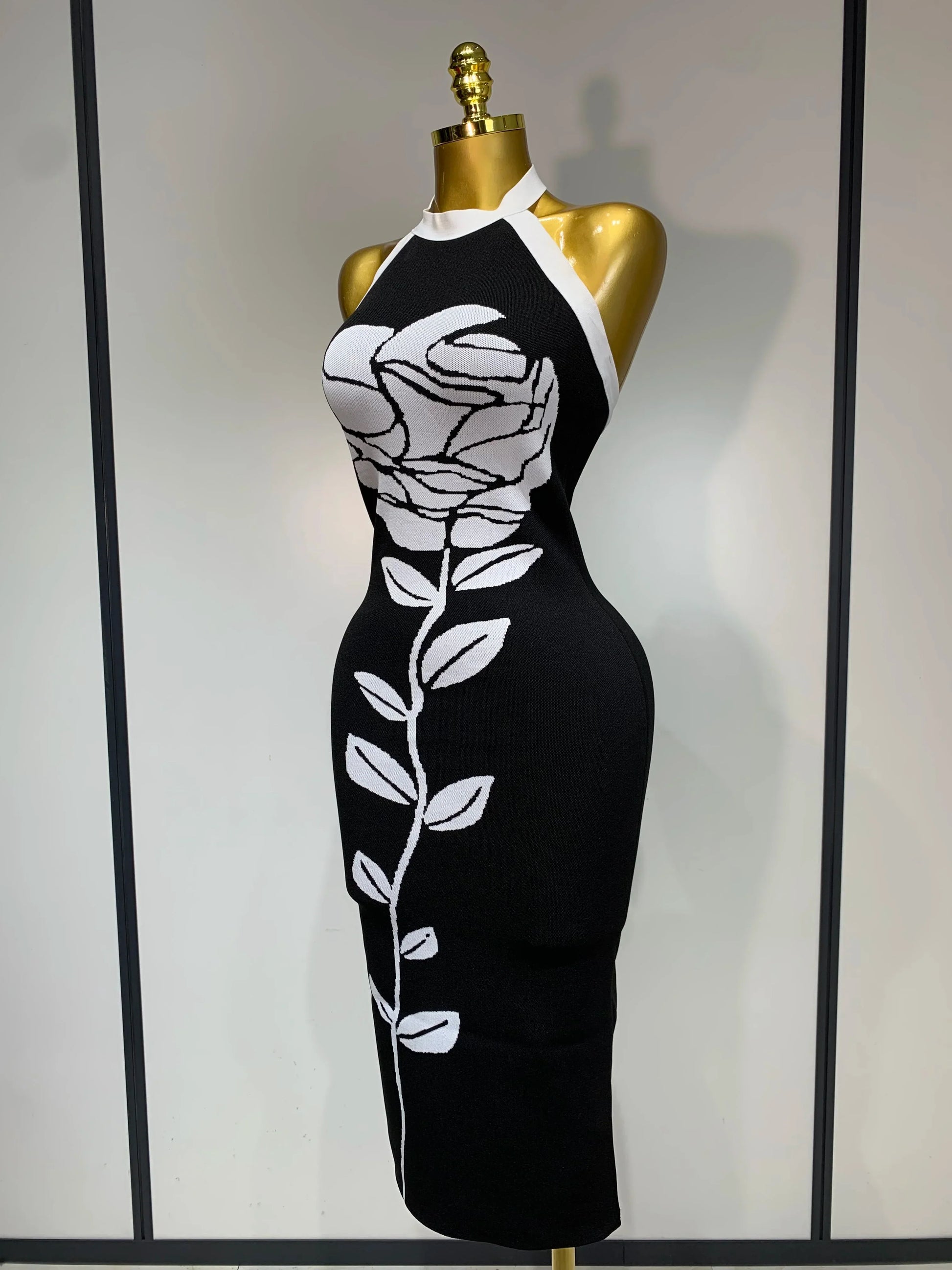 Women Fashion Celebrity Sexy Backless Rose Flower Midi Black Jacquard Bandage Dress Elegant Evening Club Party Dresses