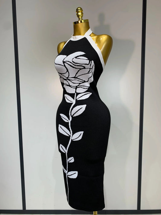Women Fashion Celebrity Sexy Backless Rose Flower Midi Black Jacquard Bandage Dress Elegant Evening Club Party Dresses