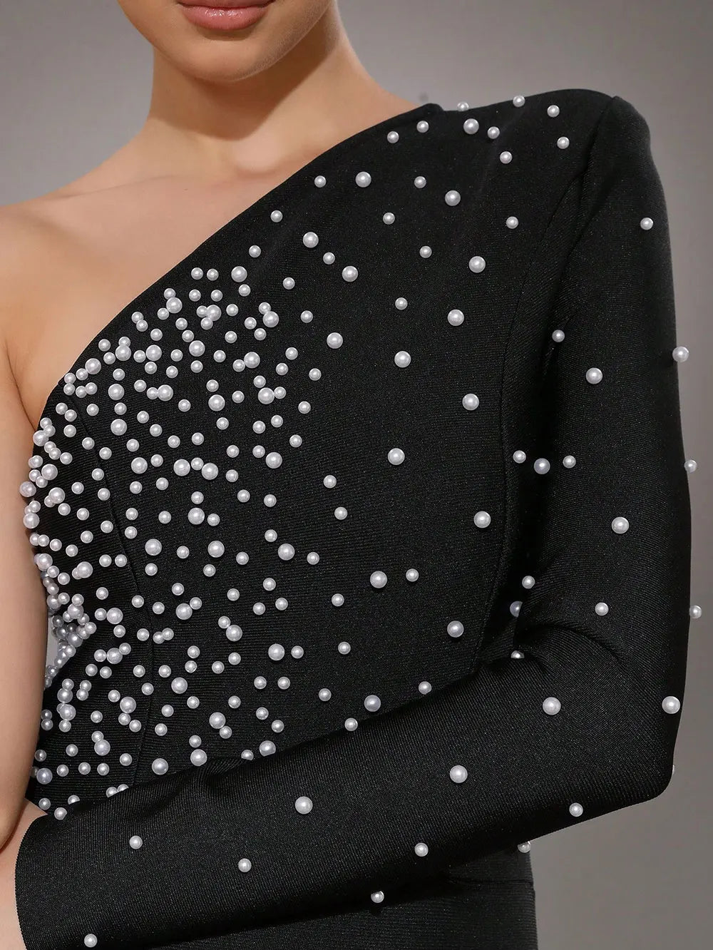 Elegant Women Light Luxury Nail Bead Bandage Dress with Slant Neck Single Shoulder Sleeve Bodycon Black Long Dress Vestidos