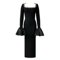 Black Color Women Long Sleeve Sexy Sqaure Collar Shinning Crystal Bodycon Long Bandage Dress Celebrate Evening Party Outfit