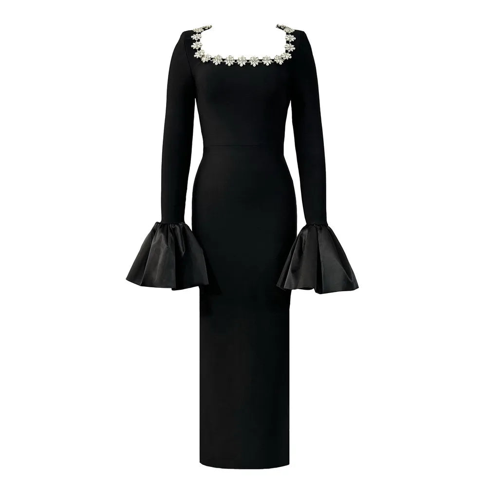 Black Color Women Long Sleeve Sexy Sqaure Collar Shinning Crystal Bodycon Long Bandage Dress Celebrate Evening Party Outfit