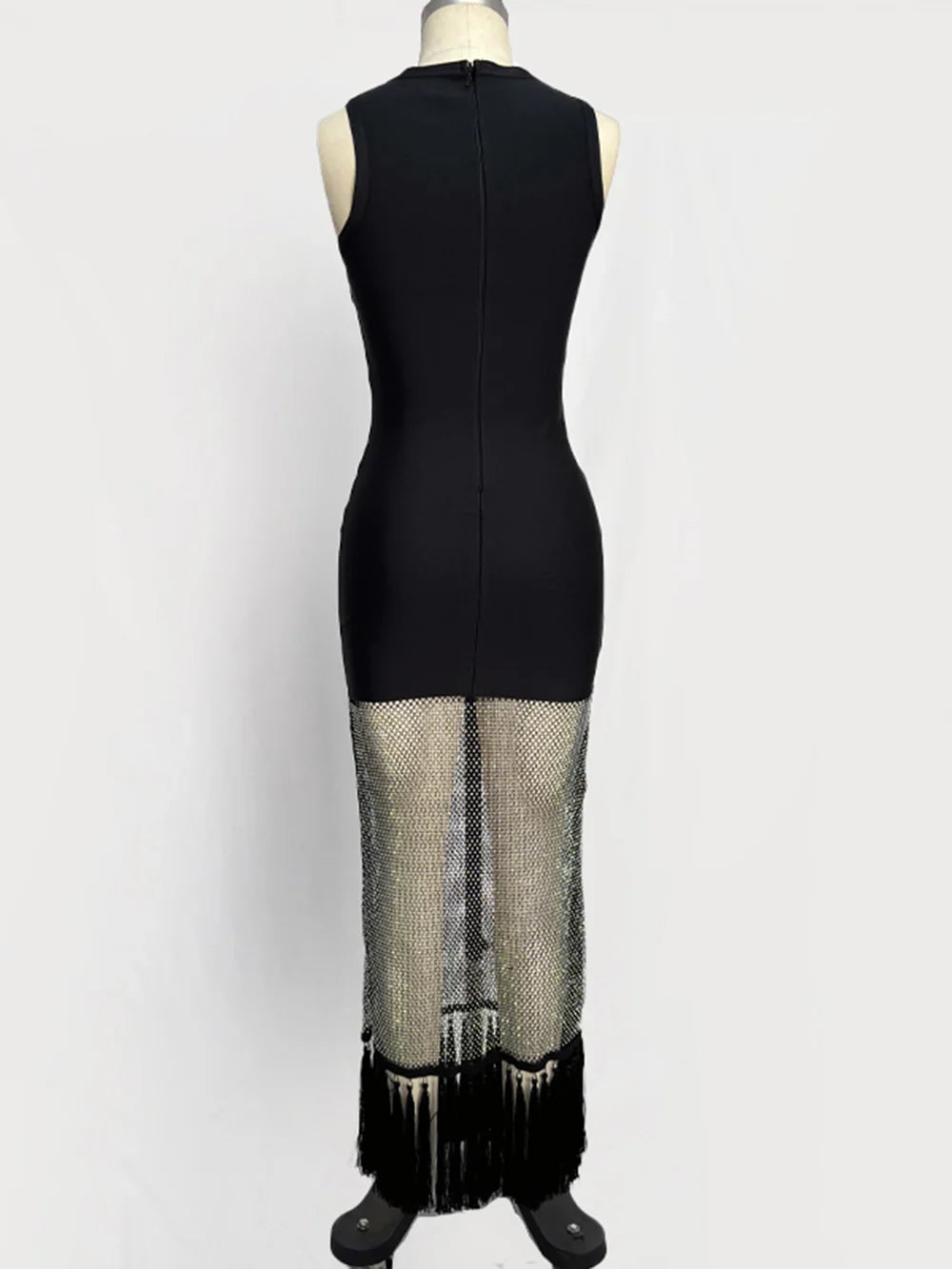 Black tassels Evening Party bandage Long Dresses Elegant Sleeveless Diamond Mesh Patchwork Maxi Dress Women Summer Vestidos
