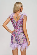 Sexylady Party Dress Purple Feathers V Neck Sexy Club Bodycon Wear Gowns Shinny Diamons Luxury
