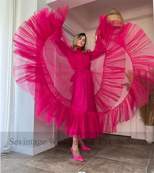 Long Sleeves Prom Gowns A Line Tulle Tiered Skirt Short Formal Special Party Dresses Women Bridesmaid Dress