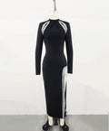 Autumn Women Long Sleeve Sexy Pearl Beading High Split Bodycon Long Bandage Dress Elegant Evening Party Cocktail Outfit