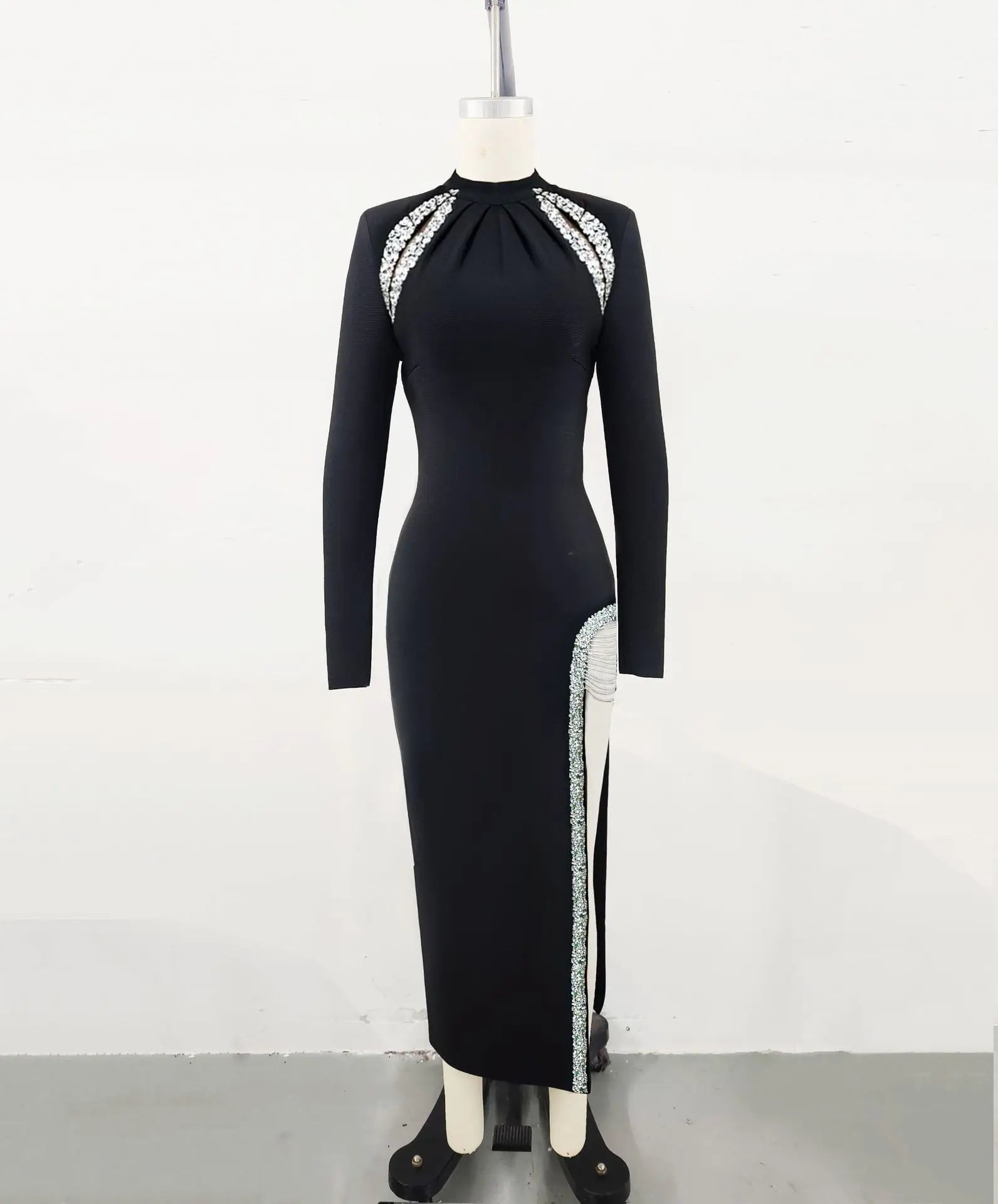 Autumn Women Long Sleeve Sexy Pearl Beading High Split Bodycon Long Bandage Dress Elegant Evening Party Cocktail Outfit