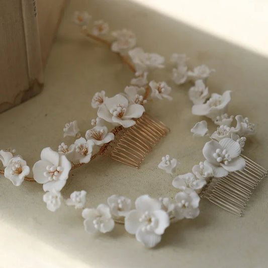Bridal Jewelry Porcelain Flower Headband Gold Silver Color Hair Comb Pin For Brides Women Headwear Heapieces Wedding Accessories