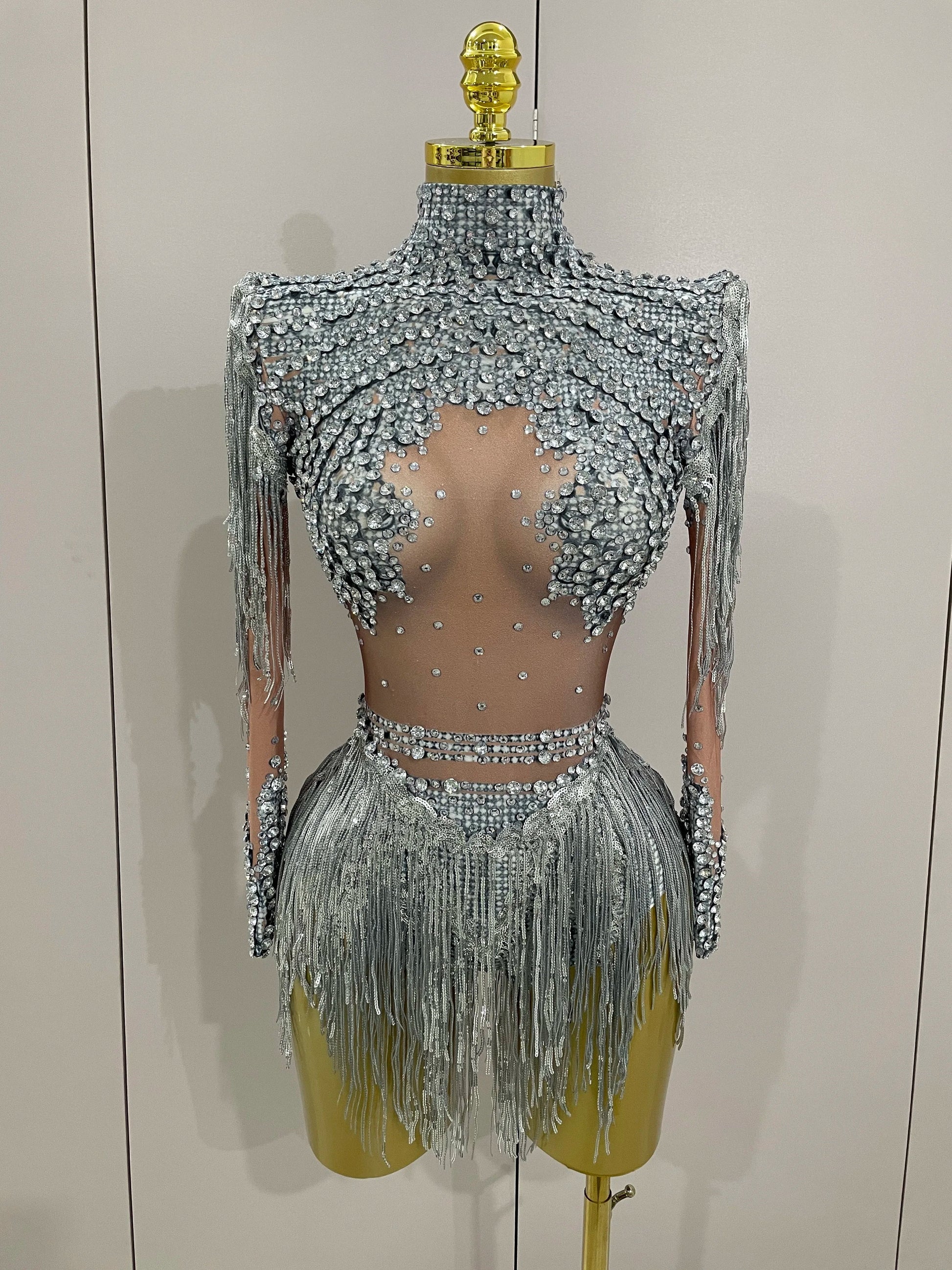 Sparkly Rhinestone Sequin Tassel Stretch Bodysuits Women Birthday Party Nightclub Dj Stage Performance Costume Silver