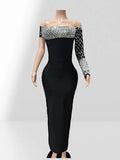 Spacial Design Luxury Diamonds Sexy Off The Shoulder Black Ankle Length Bandage Dress Woman Party Vestido Birthday Party Outfit