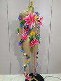 Sparkly Rhinestones 3D Flower Nude Mesh Transparent Jumpsut Women Evening Party Birthday Nightclub Performance Stage Costume