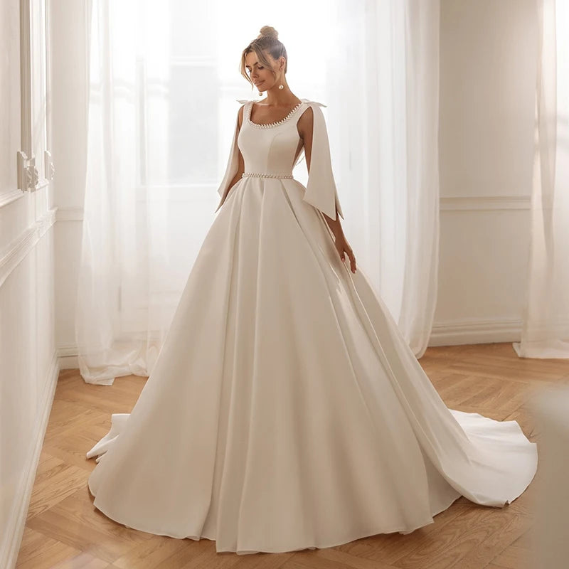 White A-Line Wedding Dresses Sleeveless Pearls Backless Satin Bridal Dress Formal Wedding Ball Prom Gowns Customized