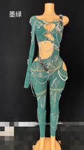 Sexy Shining Pearl Chain One Shoulder Hollow Out Jumpsuit Women Birthday Party Nightclub Singer Performance Stage Wear green
