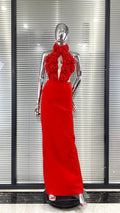 Red Color Women Sexy Halter Florals Backless Off the Shoulder Bodycon Long Dress Celebrate Nightclub Party Birthday Outfit Red