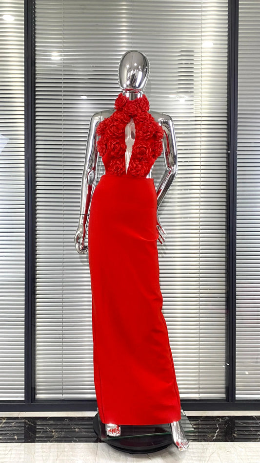 Red Color Women Sexy Halter Florals Backless Off the Shoulder Bodycon Long Dress Celebrate Nightclub Party Birthday Outfit Red
