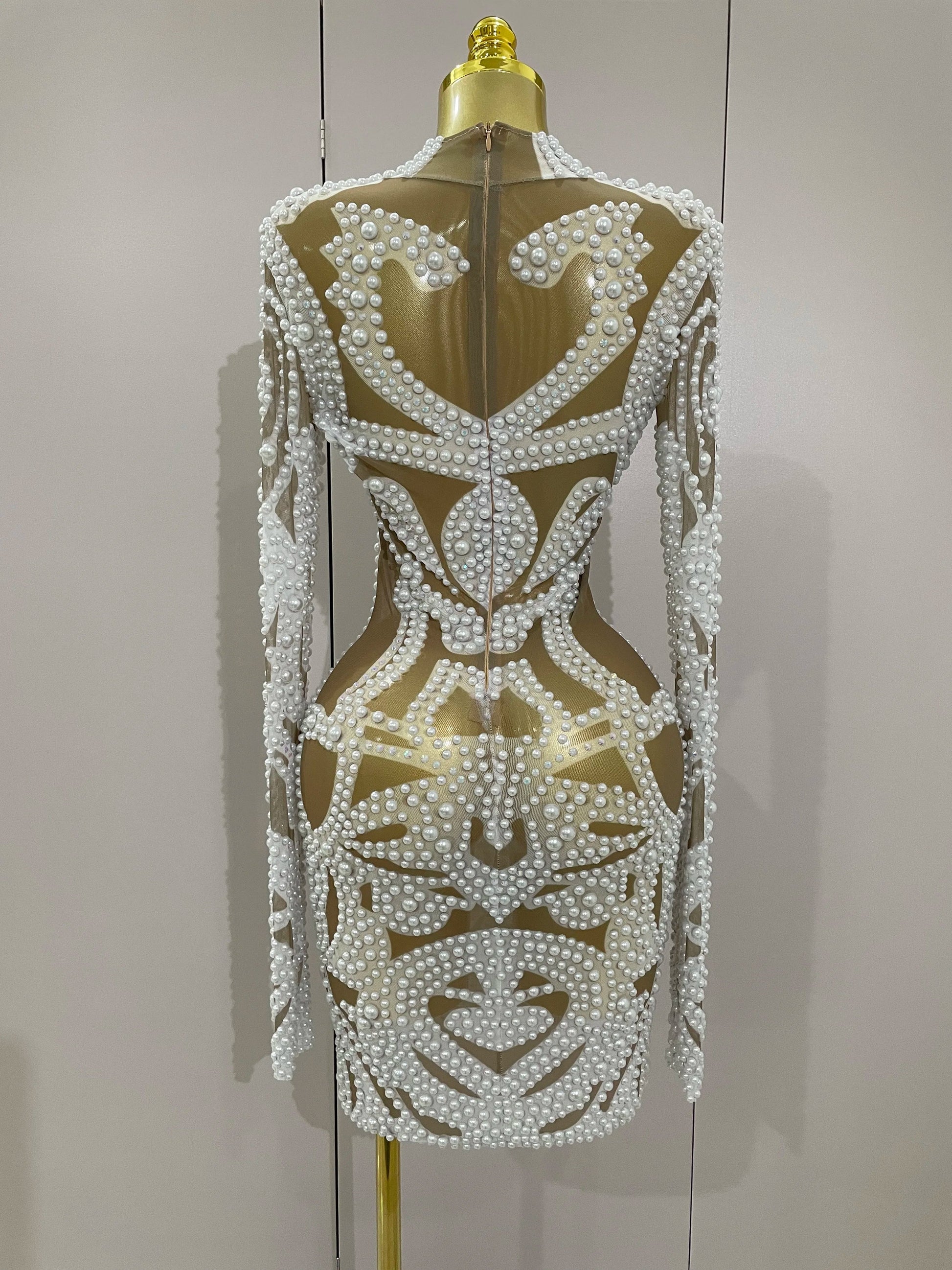 High-end Elegant Evening Gown AB Rhinestones Pearls Luxury Long Sleeves Mesh Dress Women Cocktail party Wedding Costume