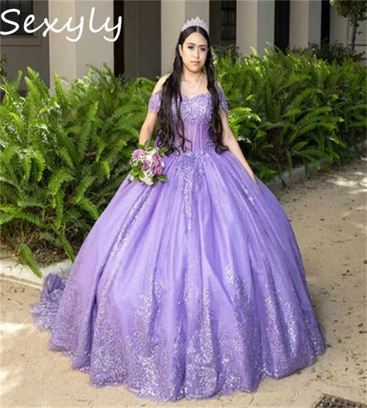 Customized Lilac Quinceanera Dress 2025 Sparkly Appliques Lace Ball Gown Lavender Vestido De 15 Años Birthday Party Dress Custom