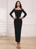 Elegant Women's Light Luxury Nail Bead Bandage Dresses Square Neck Long Sleeve Bodycon Long Dress Evening Party Vestidos black