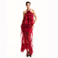 Women Gauze Perspective Irregular Elegant Long Party Dress Ruffles Sleeveless Fashion Tide Summer 2025 Red