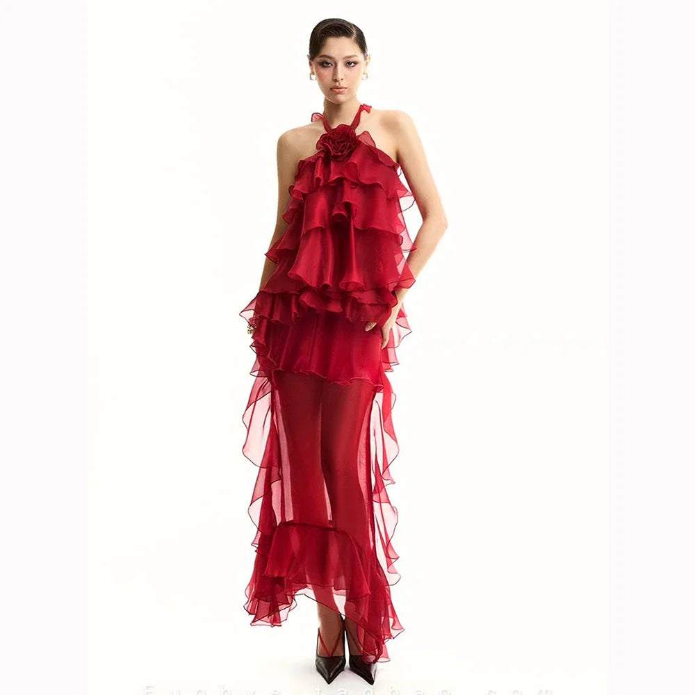 Women Gauze Perspective Irregular Elegant Long Party Dress Ruffles Sleeveless Fashion Tide Summer 2025 Red