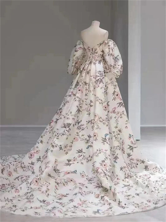 White Floral Print Prom Dress A-line Satin Wedding Dresses Elegant Puffy Sleeves Side Split Long Train Vestidos De Fiesta