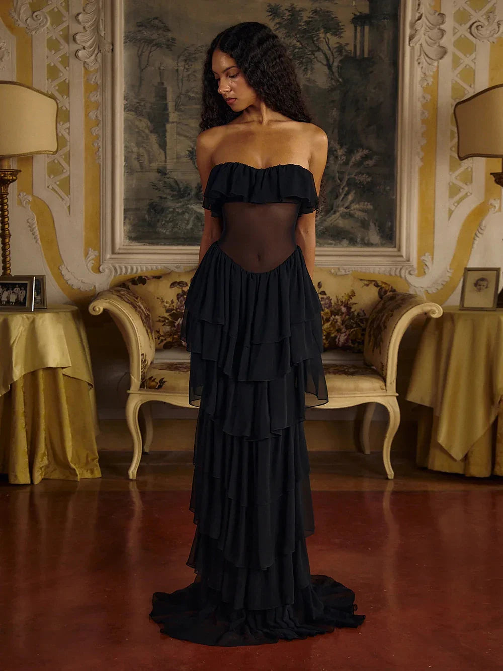 Women Sexy Strapless Ruffle Slim Maxi Dress for cummerbund Elegant Sleeveless Lady Evening Party Gowns Female Robes