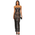 Shining Black Sequins Sexy Mesh See Through Straplerss Ankle Length Dress Woman Birthday Party Dress Celebrity Party Vestido