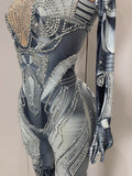 Trendy Women Sexy Rhinestones Printed Skinny Jumpsuit High Street Performance Dance Costume Bar Club Show Stage Wear