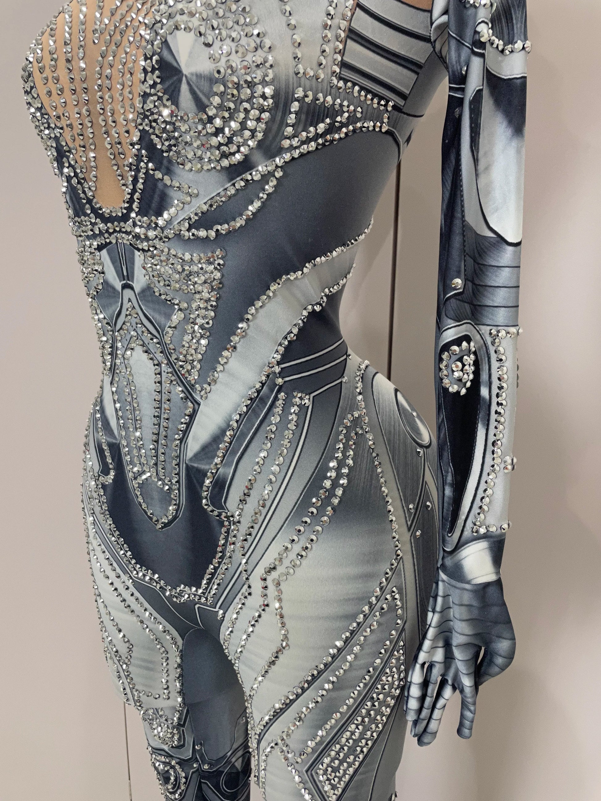 Trendy Women Sexy Rhinestones Printed Skinny Jumpsuit High Street Performance Dance Costume Bar Club Show Stage Wear
