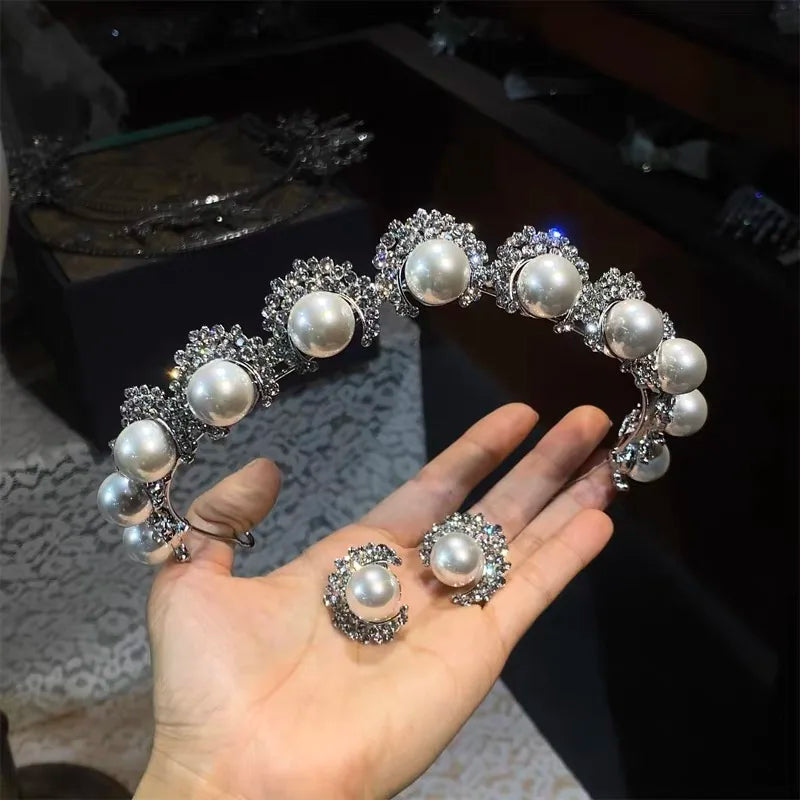 Bridal Hair Jewelry Crystal Pearl Tiaras and Crowns Rhinestones Diadem For Bride Princess Queen Headband Wedding Accessories
