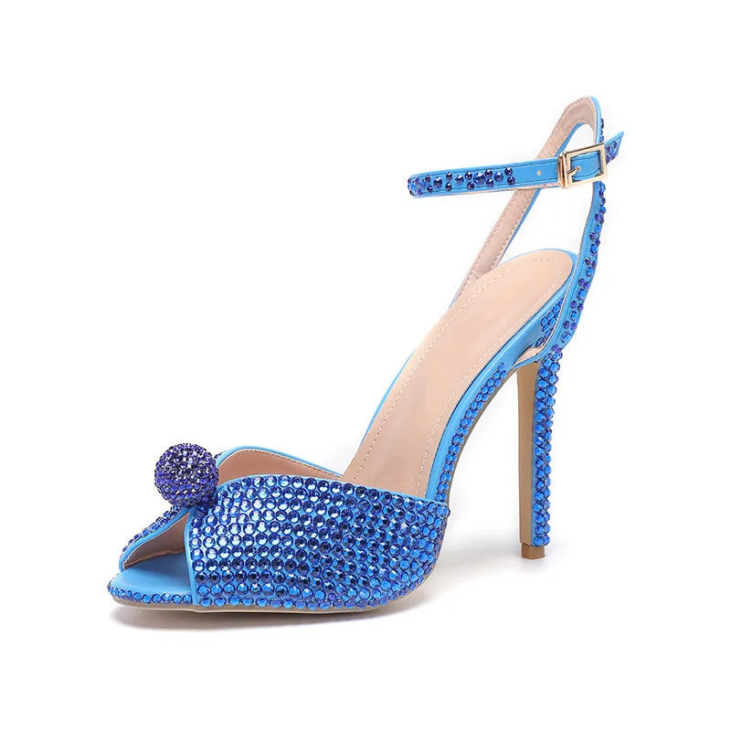 Runway style Rhinestone Sequined Peep toe Women Gladiator Sandals Summer Elegant High heels Crystal Wedding Banquet Bridal Shoes Blue