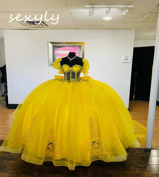 Uniques Yellow Quinceanera Dresses With 3D Flowers Vestidos De Xv 15 Anos Masquerade Fluffy Sweetheart Lace Birthday Customized Yellow