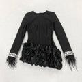 2024 Elegant Women's Patchwork Draped Bandage Dress O-neck Long Sleeve Beaded Feather Design Bodycon Asymmetric Mini Dresses black