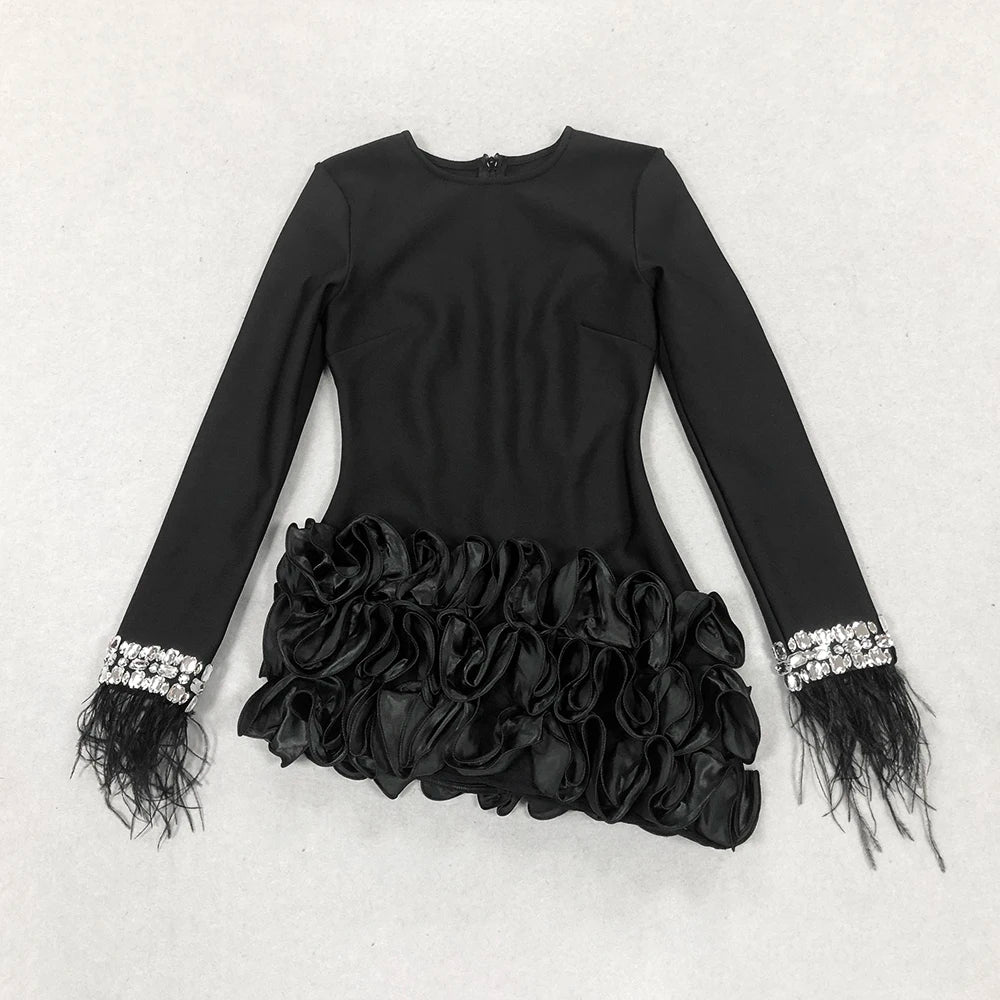 2024 Elegant Women's Patchwork Draped Bandage Dress O-neck Long Sleeve Beaded Feather Design Bodycon Asymmetric Mini Dresses black